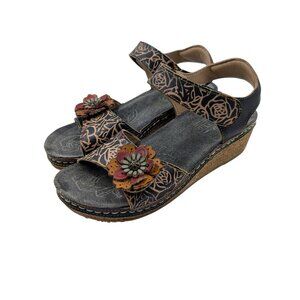L'Artiste Spring Step Womens Sz 37 US 6.5-7 Cuteness Black Leather Wedge Sandals